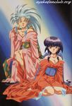  90s artist_request blue_hair breasts cleavage japanese_clothes kimono long_sleeves masaki_aeka_jurai medium_breasts multiple_girls purple_hair red_eyes ryouko_(tenchi_muyou!) spiked_hair tenchi_muyou! third-party_edit third-party_watermark yellow_eyes 