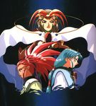  90s artist_request blue_hair brown_hair facial_mark forehead_mark green_eyes hair_pulled_back hakubi_washuu long_hair low-tied_long_hair multiple_girls pink_eyes purple_eyes red_hair spiked_hair tenchi_muyou! tokimi tsunami_(tenchi_muyou!) 