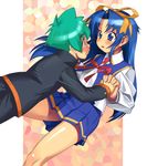  1girl blue_hair blush eye_contact green_hair hair_ribbon holding_hands interlocked_fingers long_hair long_sleeves looking_at_another lunch_(lunch3) mamoru-kun_ni_megami_no_shukufuku_wo! ribbon skirt takasu_ayako yoshimura_mamoru 