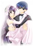  1girl artist_request blue_hair blush bride carrying dress elbow_gloves ever_17 gloves husband_and_wife komachi_tsugumi kuranari_takeshi long_sleeves princess_carry purple_hair wedding_dress 