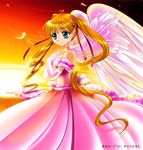  angel_wings artist_request blonde_hair blue_eyes dress elbow_gloves feathers gloves hair_ribbon kanon long_hair ribbon sawatari_makoto solo sunset translation_request twintails wings 
