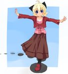  ahoge animal_ears balancing black_bow blonde_hair blush bow brown_skirt cat_ears footprints full_body hair_bow jacket long_skirt long_sleeves original outstretched_arms red_jacket short_hair skirt solo spread_arms tatsukichi walking 