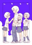  3girls blue_skirt blush bow bowtie character_request closed_eyes full_body konno_makoto konno_miyuki mamiya_chiaki multiple_girls pleated_skirt red_bow red_neckwear school_uniform shimo shirt short_sleeves skirt standing toki_wo_kakeru_shoujo white_shirt 