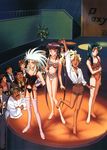  6+boys 90s artist_request barefoot blonde_hair blue_eyes blue_hair bra green_hair highres kuramitsu_mihoshi lingerie makibi_kiyone masaki_aeka_jurai masaki_nobuyuki masaki_youshou_jurai multiple_boys multiple_girls panties purple_hair red_eyes ryouko_(tenchi_muyou!) spiked_hair tenchi_muyou! tenchi_muyou!_uchuu_hen underwear underwear_only yellow_eyes 