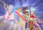  3boys 90s artist_request barefoot blue_hair dress energy_sword facial_hair glasses masaki_katsuhito masaki_mayuka masaki_nobuyuki masaki_tenchi midriff multiple_boys multiple_girls mustache ryouko_(tenchi_muyou!) short_twintails spiked_hair sword tenchi_muyou! tenchi_muyou!_manatsu_no_eve twintails weapon yellow_eyes 