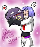  ^_^ belt blue_hair closed_eyes english fangs gen_1_pokemon gloves grin heart hug jax koffing kojirou_(pokemon) male_focus pinky_out pokemon pokemon_(anime) pokemon_(creature) smile spoken_heart team_rocket 