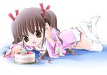  artist_request bed cake copyright_request food legs_up long_sleeves lying on_stomach pastry solo thighhighs twintails 