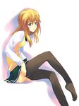  blonde_hair blue_eyes feet long_sleeves minato murakami_suigun no_panties non-web_source pantyhose pantyhose_pull school_uniform simple_background skirt solo zegapain 