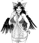  1girl alternate_costume bare_arms bare_shoulders bikini bikini_under_clothes bird_wings blush bow breasts clothes_pull commentary_request dress greyscale hair_bow half-closed_eyes hand_up high_ponytail huge_breasts koyubi_(littlefinger1988) long_hair looking_at_viewer monochrome open_mouth ponytail pulled_by_self reiuji_utsuho side-tie_bikini side-tie_bottom simple_background sleeveless sleeveless_dress sleeveless_sweater smile solo sweater sweater_dress sweater_pull swimsuit touhou turtleneck turtleneck_sweater upper_body upper_teeth white_background wings 