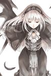  artist_request black_wings bow capelet chain dress feathers flower gothic_lolita hairband lolita_fashion lolita_hairband long_sleeves looking_down outstretched_arms red_eyes ribbon rose rozen_maiden silver_hair solo suigintou wings 