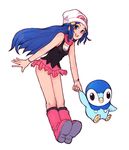  1girl beanie blue_eyes blue_hair boots dawn_(pokemon) full_body hat kara_(color) legs_together long_hair pink_footwear piplup pokemon pokemon_(creature) scarf simple_background skirt smile standing white_background 