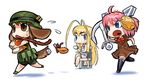  anchor anger_vein angry animal_ears antenna_hair apple army-san blonde_hair blue_eyes bow bread brown_eyes camouflage chair chasing chibi chicken_(food) crossed_legs cup dog_ears dog_tail dress food fruit helmet hirai_yukio maritan medal military military_uniform multiple_girls navy-san open_mouth pink_hair pixel_maritan ribbon running saucer sausage sitting tail teacup thighhighs uniform 