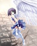  angel artist_request blue_eyes building copyright_request flying midriff panties pantyshot purple_hair short_hair skirt solo thighhighs underwear white_legwear white_panties wings 