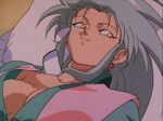  90s artist_request bed blue_hair breasts cleavage large_breasts ryouko_(tenchi_muyou!) solo spiked_hair tenchi_muyou! yellow_eyes 