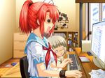  alpha_(yukai_na_nakamatachi) blonde_hair child computer game_cg internet mana_(sharin_no_kuni) mitsuhiro_sachi multiple_girls o_o open_mouth ponytail red_hair school_uniform serafuku sharin_no_kuni_himawari_no_shoujo short_hair surprised triangle_mouth wristband yahoo! 