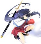  artist_request kanon kawasumi_mai long_sleeves lowres red_skirt sketch skirt solo squatting sword weapon 