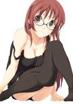  breasts camisole cleavage glasses legs long_hair luna_(reclaimed_land) medium_breasts original red_hair sitting solo thighhighs yellow_eyes 