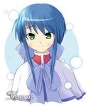  blue_hair copyright_name eikichi_(mujirushi_shounen) green_eyes hair_ribbon kanon kawasumi_mai lowres ribbon school_uniform solo sparkle 