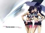  belt black_hair bodypaint brown_hair gloves green_eyes kobayakawa_miyuki miniskirt multiple_girls nakajima_atsuko pencil_skirt ponytail purple_eyes short_hair skirt tsujimoto_natsumi umbrella wallpaper you're_under_arrest 