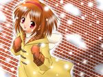  :d artist_request brown_hair from_above hairband kanon long_sleeves looking_at_viewer looking_up open_mouth outdoors raincoat red_eyes short_hair smile snow snowing solo tsukimiya_ayu 
