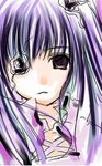 artist_request closed_mouth dress expressionless face flower flower_eyepatch hair_flower hair_ornament kirakishou looking_at_viewer lowres purple_hair rozen_maiden solo 