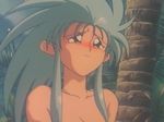  90s artist_request blue_hair nude ryouko_(tenchi_muyou!) solo spiked_hair tenchi_muyou! yellow_eyes 