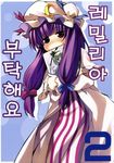  blush hat konpaku_youmu korean long_hair long_sleeves patchouli_knowledge purple_eyes purple_hair ribbon solo touhou translated zepher_(makegumi_club) 