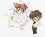  1girl :o antenna_hair artist_request bathing bathtub blush blush_stickers brown_eyes brown_hair brush chibi claw_foot_bathtub hair_up holding lowres rubber_duck sakai_yuuji shakugan_no_shana shana soap_bubbles sweatdrop towel towel_on_head v-shaped_eyebrows 