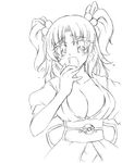  artist_request breasts cleavage greyscale hair_bobbles hair_ornament large_breasts looking_at_viewer monochrome onozuka_komachi short_hair simple_background solo touhou two_side_up underbust white_background 