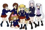  ;d black_serafuku blazer blonde_hair blue_neckwear blue_skirt blush bow brown_hair drill_hair flower_eyepatch green_eyes green_hair hina_ichigo holding_hands jacket kanaria kirakishou kneehighs kneeling leg_up loafers long_hair long_sleeves looking_at_viewer looking_back lowres miniskirt multiple_girls naruse_mamoru necktie one_eye_closed open_mouth pink_bow pleated_skirt red_eyes rozen_maiden school_uniform serafuku shinku shoes siblings sidelocks sisters skirt smile souseiseki standing standing_on_one_leg suigintou suiseiseki sweatdrop twin_drills twins twintails very_long_hair 