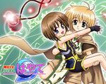  artist_request blonde_hair brown_hair cape carrying fingerless_gloves gloves hair_ornament lens_flare lyrical_nanoha magic_circle magical_boy magical_girl mahou_shoujo_lyrical_nanoha mahou_shoujo_lyrical_nanoha_a's multiple_girls princess_carry raising_heart x_hair_ornament yagami_hayate yuuno_scrya 