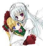  artist_request blonde_hair dress flower gothic_lolita hair_ribbon hairband headdress lolita_fashion lolita_hairband long_hair long_sleeves multiple_girls open_mouth partially_colored ribbon rose rozen_maiden shinku silver_hair smile suigintou wings 