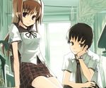  1girl black_hair brown_eyes brown_hair chin_rest copyright_request hairband long_hair looking_at_viewer neck_ribbon necktie refeia ribbon school_uniform serafuku short_sleeves sitting skirt watch window wristwatch 