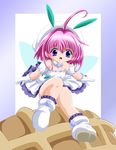  ahoge chicchana_yukitsukai_sugar choker food full_body gloves hat imai_kazunari pink_hair purple_eyes shoes short_hair skirt smile solo sugar_(chicchana_yukitsukai_sugar) waffle white_footwear white_gloves white_skirt wings 