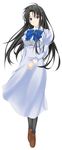  big_wednesday black_eyes black_hair bow dress full_body highres juujou_shion loafers long_hair long_sleeves otome_wa_boku_ni_koishiteru pantyhose shoes simple_background solo walking 