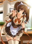  animal_ears brown_hair copyright_request duplicate green_eyes highres koku long_sleeves restaurant skirt solo thighhighs twintails uniform waitress 