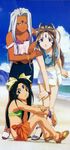  90s aa_megami-sama beach belldandy bikini black_hair blue_eyes bracelet brown_hair day earrings facial_mark forehead_mark goddess highres horiuchi_hiroyuki jewelry long_hair long_legs multiple_girls outdoors sandals skuld swimsuit urd white_hair 