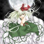  ayase_hazuki dress ex-keine frilled_dress frills full_moon green_hair horn_ribbon horns kamishirasawa_keine long_hair moon night red_eyes ribbon solo touhou 