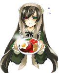  artist_request bacon beans blush brown_hair flying_sweatdrops food fried_egg green_eyes head_scarf heterochromia holding long_hair long_sleeves plate red_eyes rozen_maiden sauce solo suiseiseki upper_body vegetable very_long_hair 