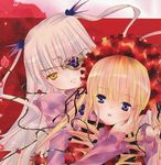  bangs barasuishou blonde_hair blue_eyes dress eyepatch flower flower_eyepatch hand_on_another's_face headdress lolita_fashion long_hair looking_at_viewer multiple_girls official_art open_mouth peach-pit rose rozen_maiden shinku thorns yellow_eyes 