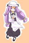  apron ayase_yue bonnet braid bunches flat_chest full_body hat long_hair long_sleeves low-tied_long_hair mahou_sensei_negima! mary_janes mikami_komata pink_eyes purple_hair shoes solo twin_braids twintails wand 