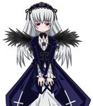  artist_request black_wings blush dress frills gothic_lolita grey_hair hairband lolita_fashion long_hair long_sleeves looking_at_viewer rozen_maiden sad simple_background solo suigintou v_arms white_background wings 