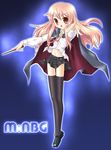  black_dress black_legwear blue_background cape crossed_legs dress long_hair long_sleeves louise_francoise_le_blanc_de_la_valliere mary_janes nbg777 outstretched_hand pentacle pink_hair red_eyes shoes skirt solo standing thighhighs wand zero_no_tsukaima 