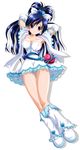  blue_hair blush boots breasts cure_white earrings elbow_gloves futari_wa_precure gloves half_updo huge_breasts imai_kazunari jewelry knee_boots long_hair magical_girl precure purple_eyes solo white_background white_footwear yukishiro_honoka 