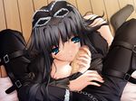  black_hair blue_eyes blush breasts censored chain feet game_cg gothic hairband handjob kneeling large_breasts long_hair long_sleeves maya_(triptych) mosaic_censoring nimura_yuuji penis solo_focus strap thighhighs triptych 