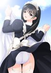  ass black_eyes black_hair blue_panties blush cloud day dress dress_lift duplicate from_behind garter_belt genmukan lace lace-trimmed_panties long_hair long_sleeves looking_back maid panties sky smile solo tanaka_takayuki thigh_gap thighhighs underwear watase_nozomi white_legwear wind wind_lift 