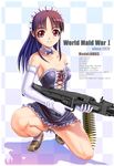  ammunition_belt bow bowtie brown_hair bullet elbow_gloves gloves gun machine_gun maid mg42 original panties pantyshot red_eyes shu_(la-placetick) solo underwear weapon white_gloves white_panties 