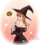  artist_request bare_shoulders black_dress black_hat breasts brown_hair cleavage dress grey_eyes halloween happy_halloween hat jack-o'-lantern juliet_sleeves light_particles long_hair long_sleeves looking_away maria-sama_ga_miteru medium_breasts pink_background puffy_sleeves pumpkin smile solo strapless strapless_dress toudou_shimako witch_hat 