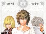 bags_under_eyes black_gloves blonde_hair bob_cut brown_hair chocolate_bar copyright_name death_note eating english finger_to_face gloves l_(death_note) long_hair looking_at_viewer male_focus mello multiple_boys near obata_takeshi silver_hair spiked_hair upper_body wavy_hair 