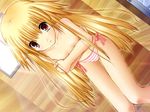  blonde_hair brown_eyes covering crossed_arms flat_chest game_cg karen_(triptych) long_hair nimura_yuuji nipples panties pink_panties side-tie_panties solo striped striped_panties thigh_gap topless triptych underwear underwear_only 